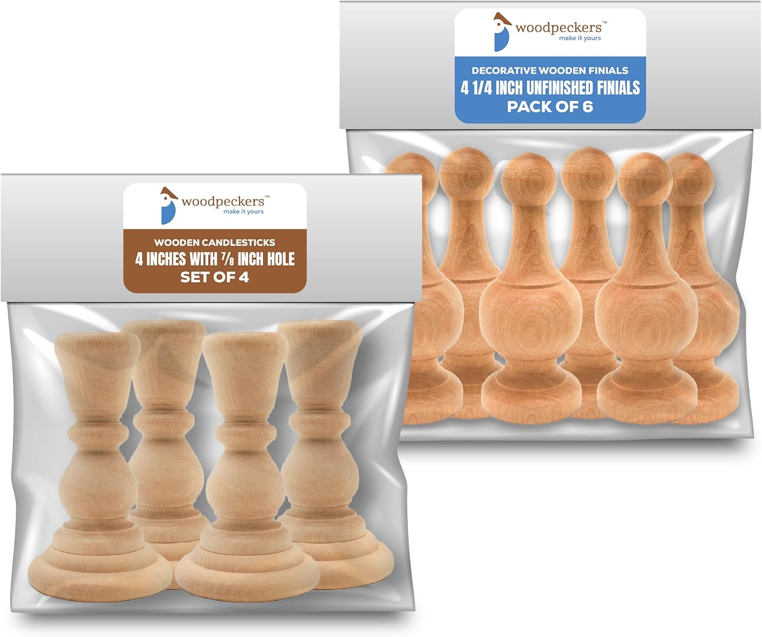 Wood Finials Decorative, 4-1/4 inch Pack of 6 and Wooden Candlesticks 4 inches with 7/8 inch Hole, Set of 4 by Woodpeckers