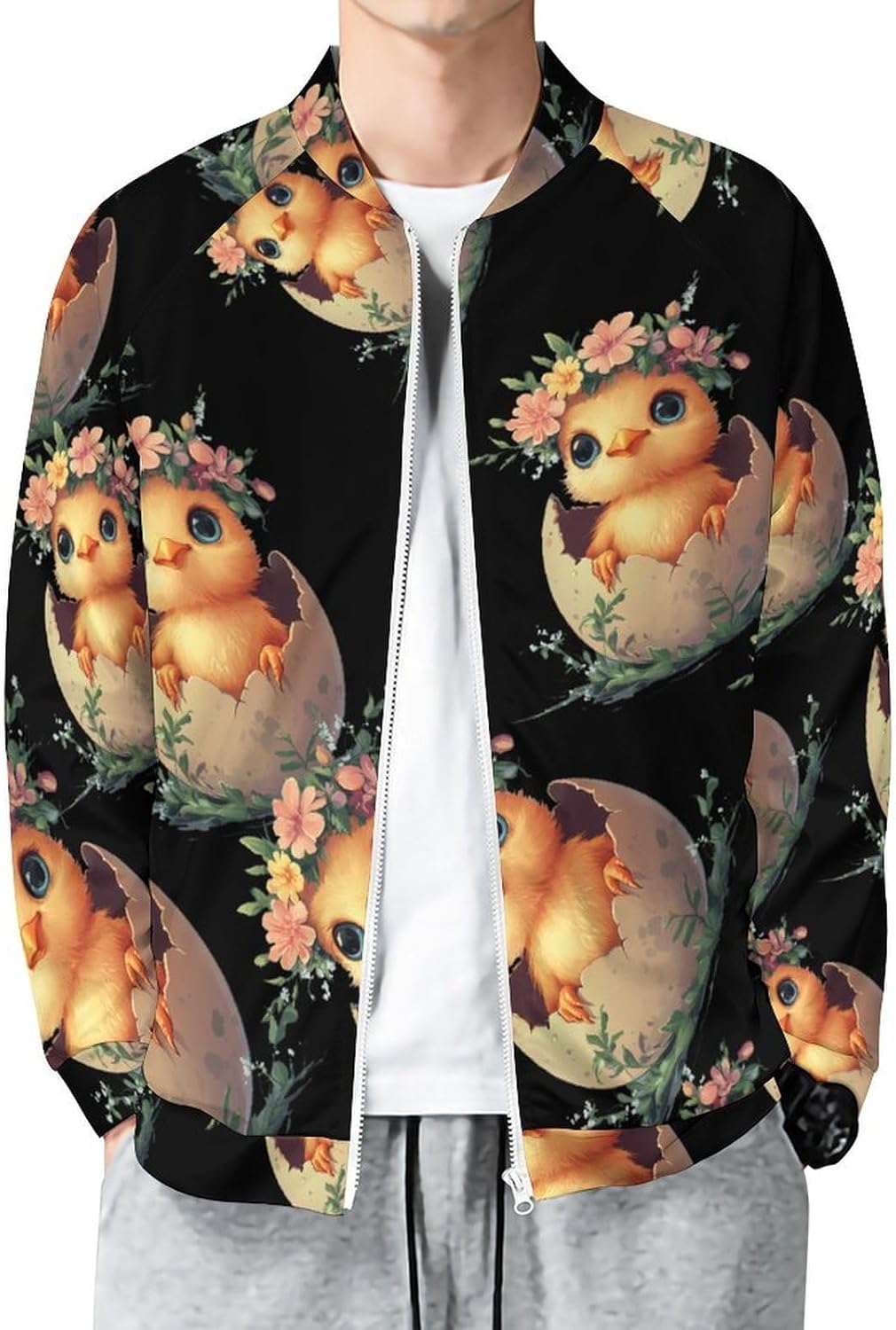Hatching Chick Flowers Men's Zip Up Sweatshirt Casual Sweater Jackets Long Sleeve Tops Lightweight Coat