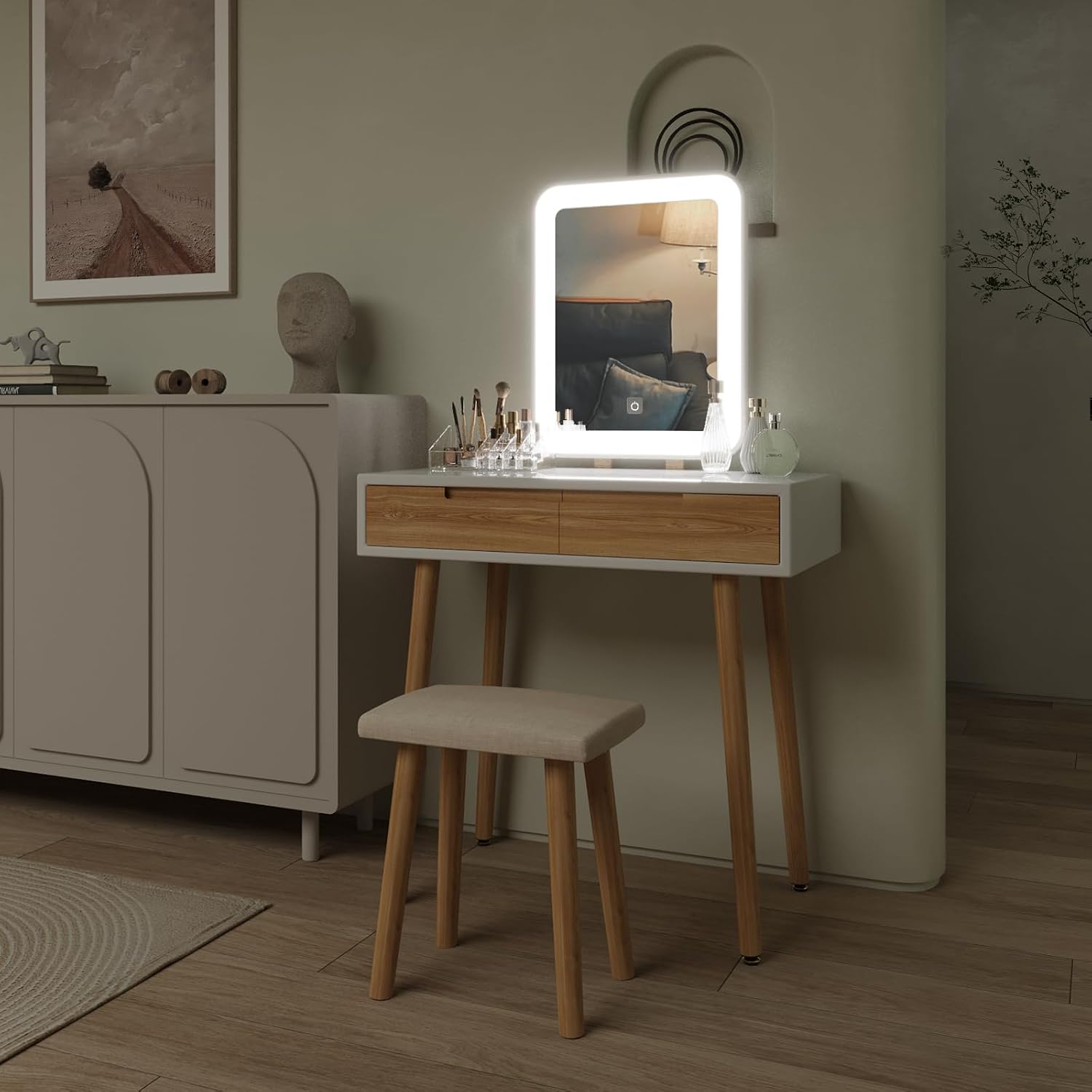 YOURLITE Makeup Vanity Desk with Lights,Small Vanity with Adjustable Brightness Mirror for Small Spaces,Vanity Desk with Drawers (31.5", Square Mirror Wood)