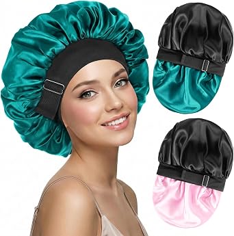 2PCS Silk Hair Bonnet for Sleeping Women - Satin Bonnet for Sleeping Double Layer Adjustable Sleep Cap for Curly Hair