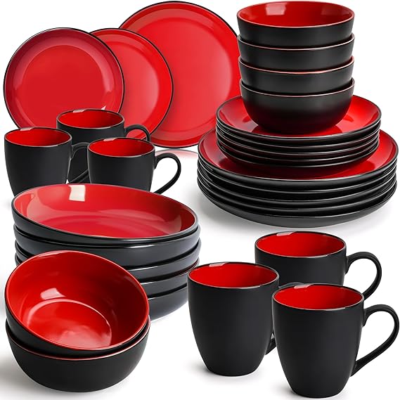 MIAMIO – Service for 6 Dishware Set/Stoneware Dinnerware Set – Including Plates, Bowls and Mugs – Microwave & Dishwasher Safe – Le PaPillon Collection (Red, 24-Pieces)