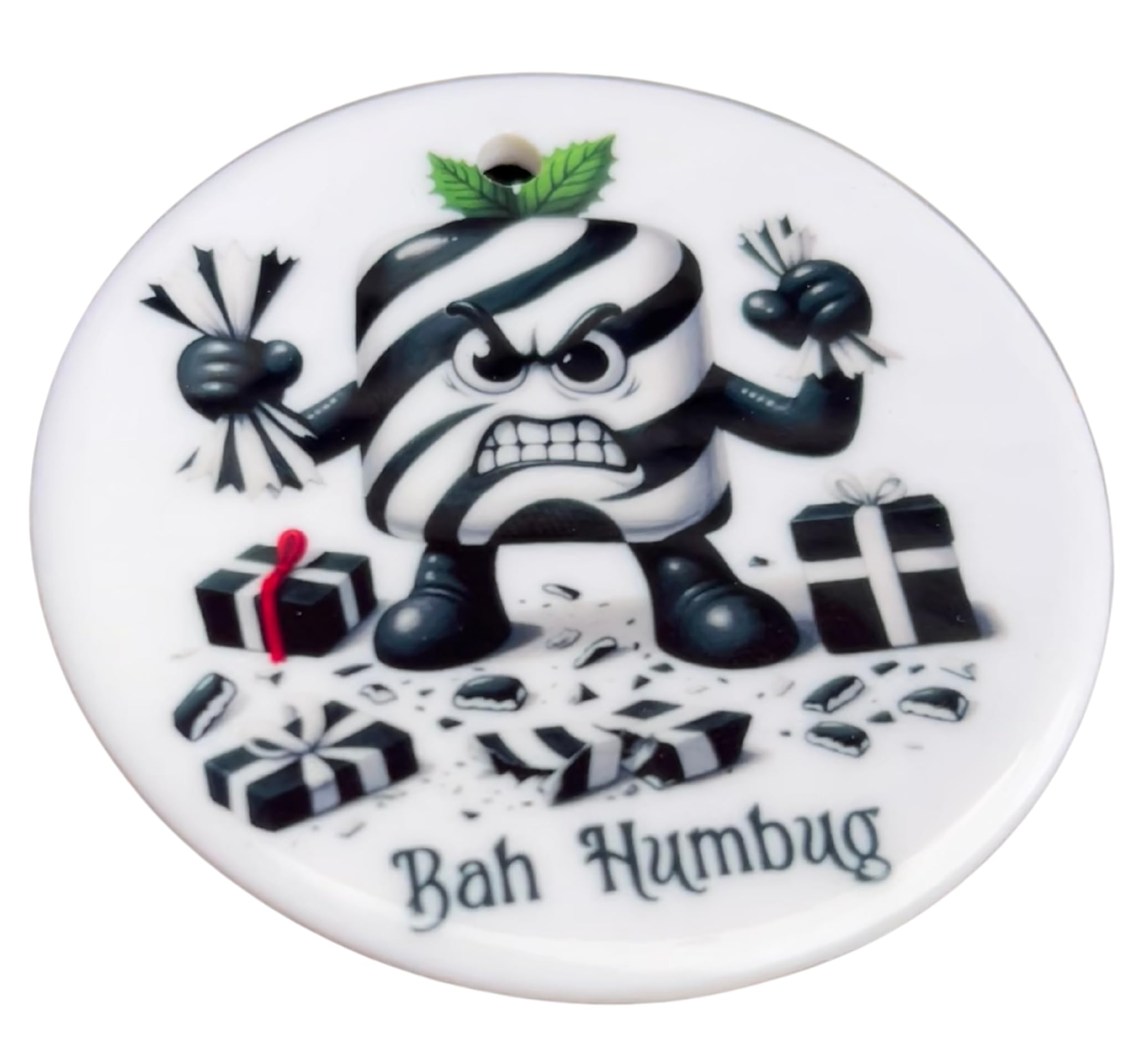 Bah Humbug Ceramic Christmas Bauble, 7.5cm Round, Humbug Character Smashing Presents, ideal secret santa gift under £10