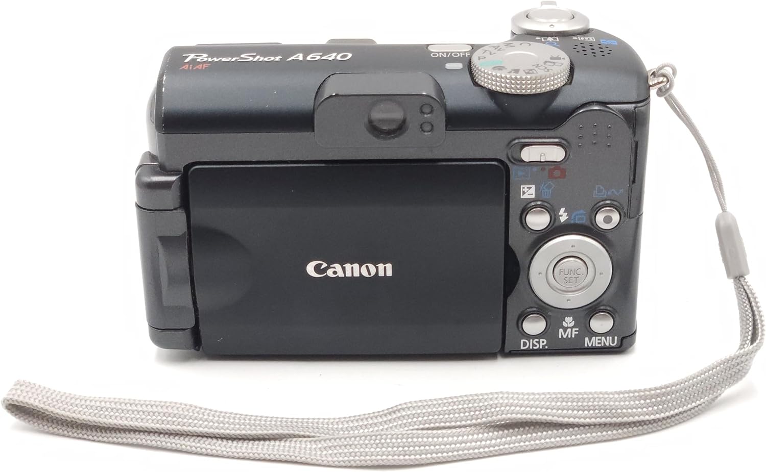 Nazad view of the Canon PowerShot A640 digital camera, showing the vari-angle LCD screen and control buttons.