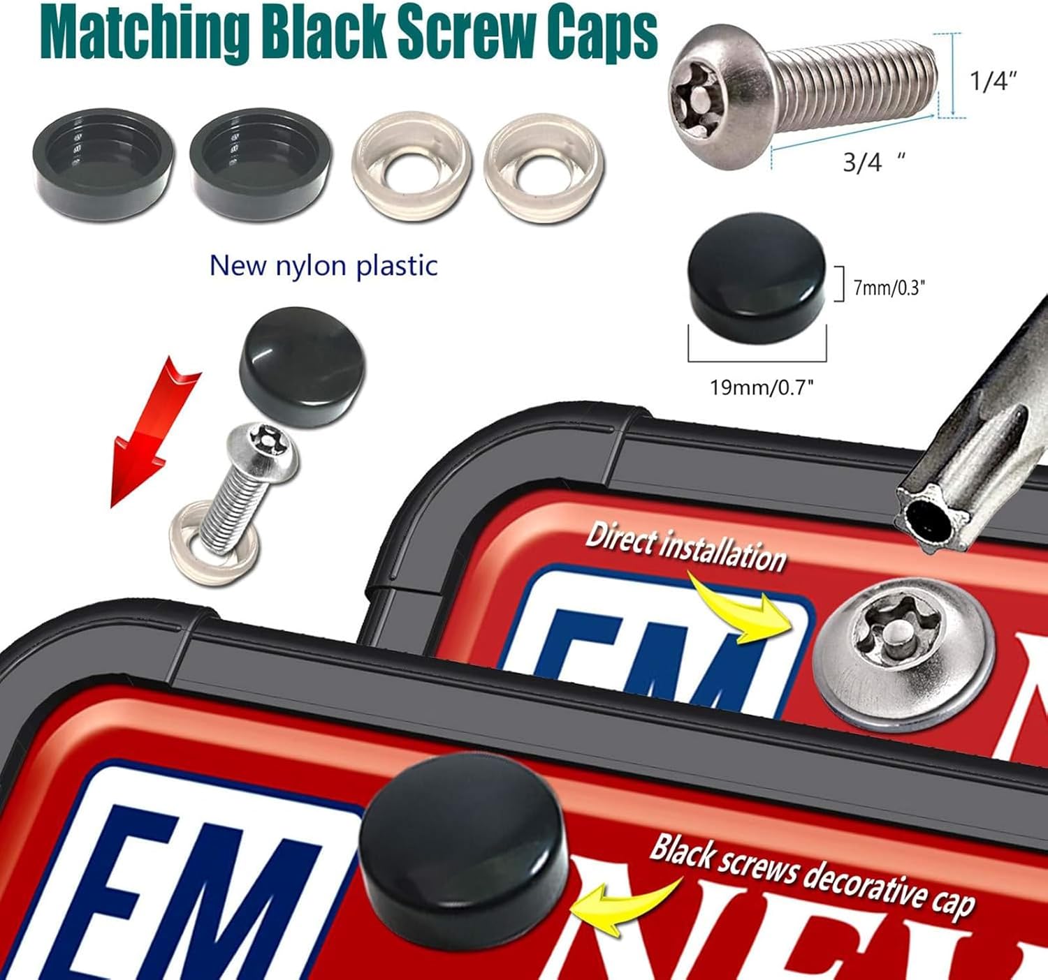 Silicone License Plate Frame-Black Car Tag Holder with Anti Theft Car Plate Screws for Front or Rear, Security Bracket Mount Kit- Stainless Steel Screws Bolts, Fastener, Caps