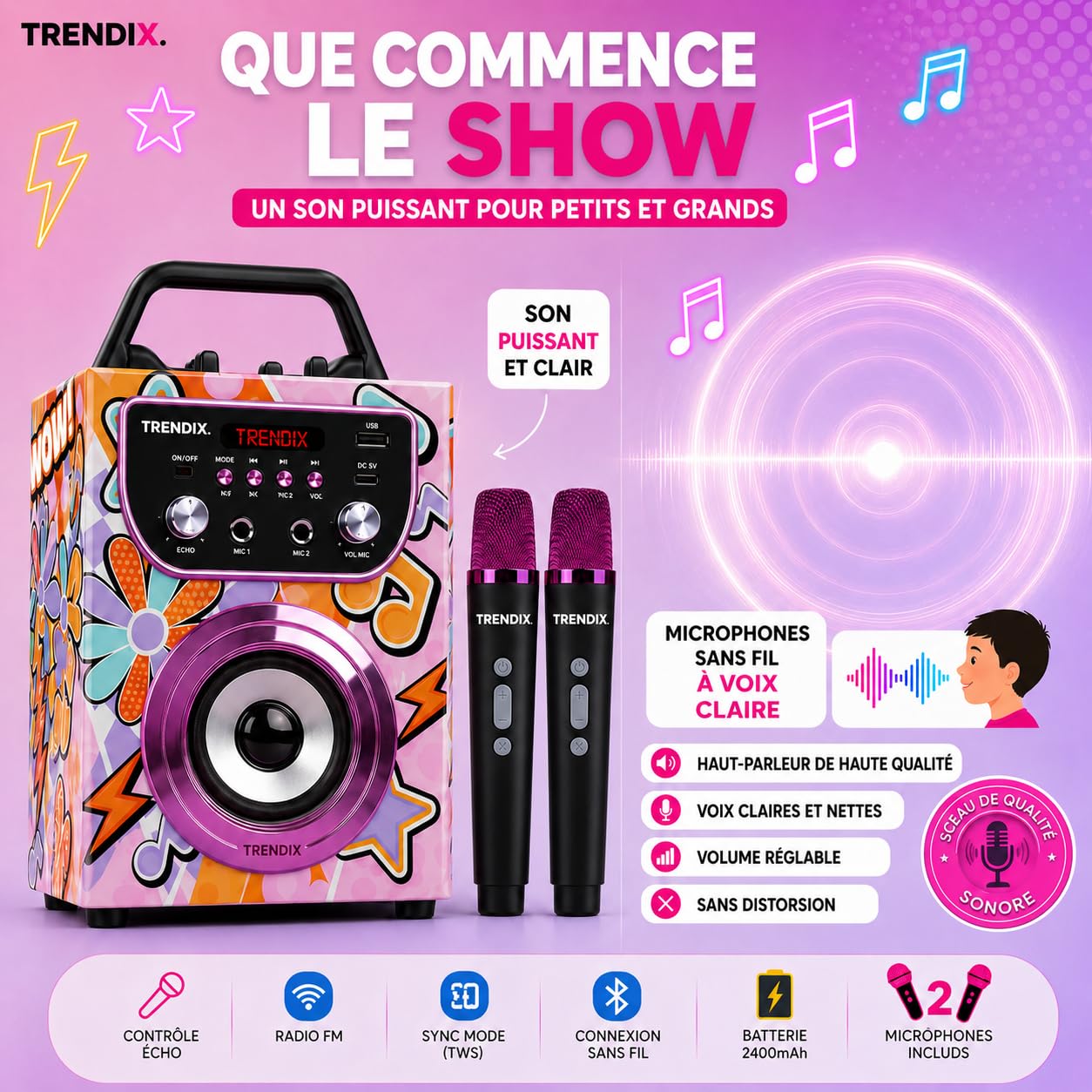 Trendix - Karaoke Enfant Magic Melody | Enceinte Karaoke 2 Micro sans Fil | Karaoké Enfant 2 Microphones | Enceinte avec Micro sans Fil | Enceinte Bluetooth Portable | Cadeau