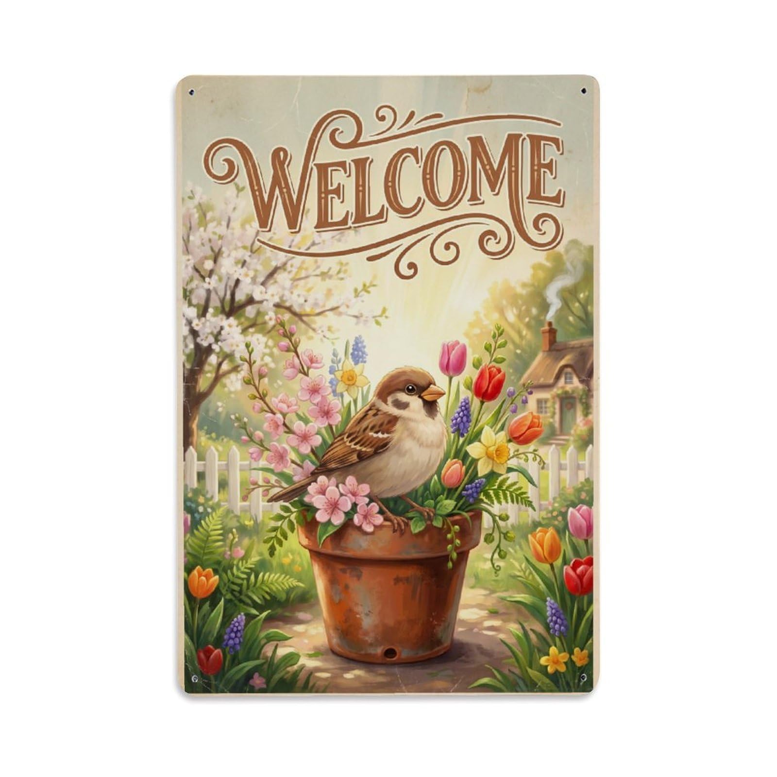 Cxhjca 8X12inch(20X30cm) [Vintage Welcome] Sparrow Cheerful Greetings Metal Tin Sign