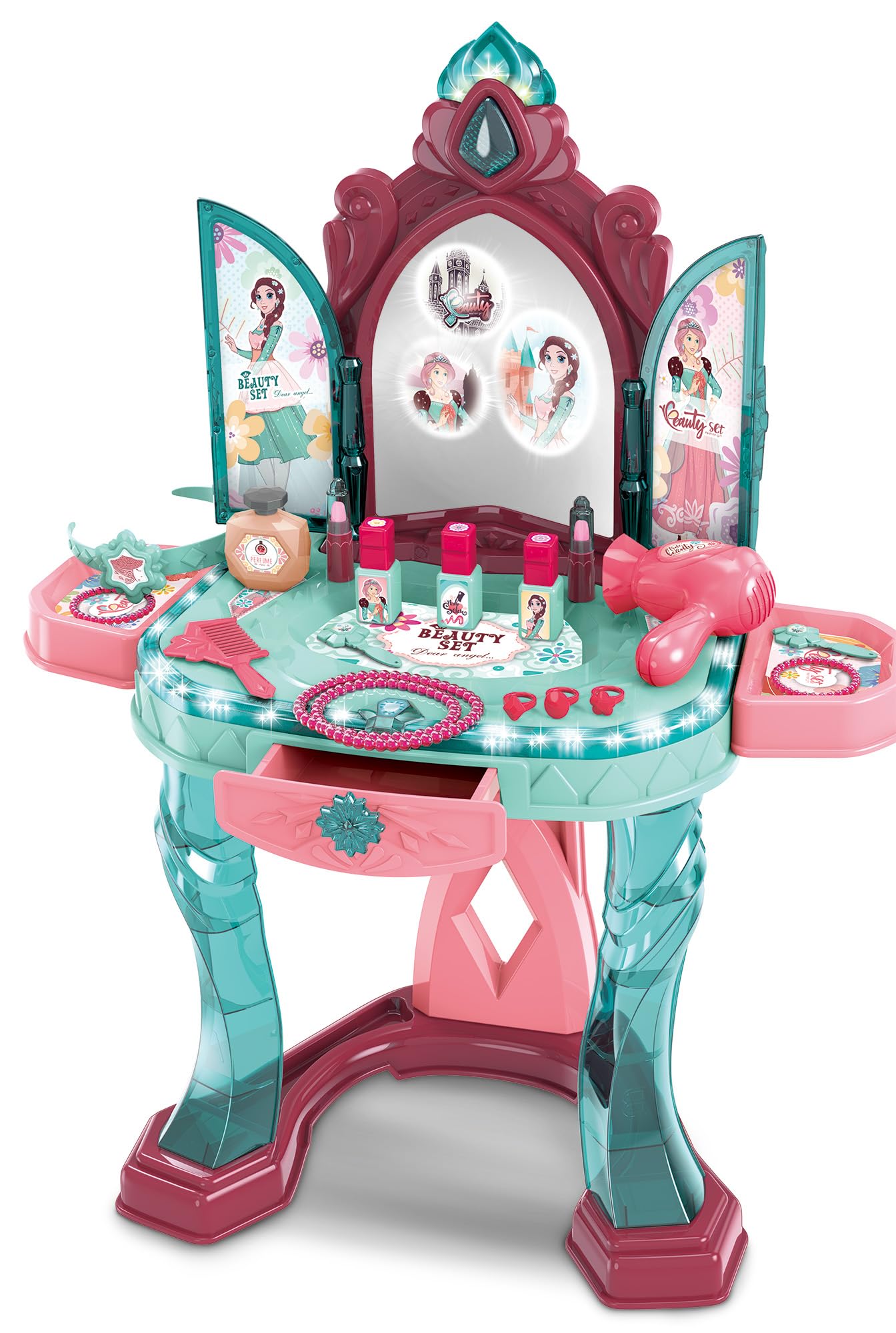 OLEOCA Kids Vanity Dressing Table and Chair Beauty Set - Infrared Sensor Open Door, with Makeup Accessories, Light and Sound, for Girls