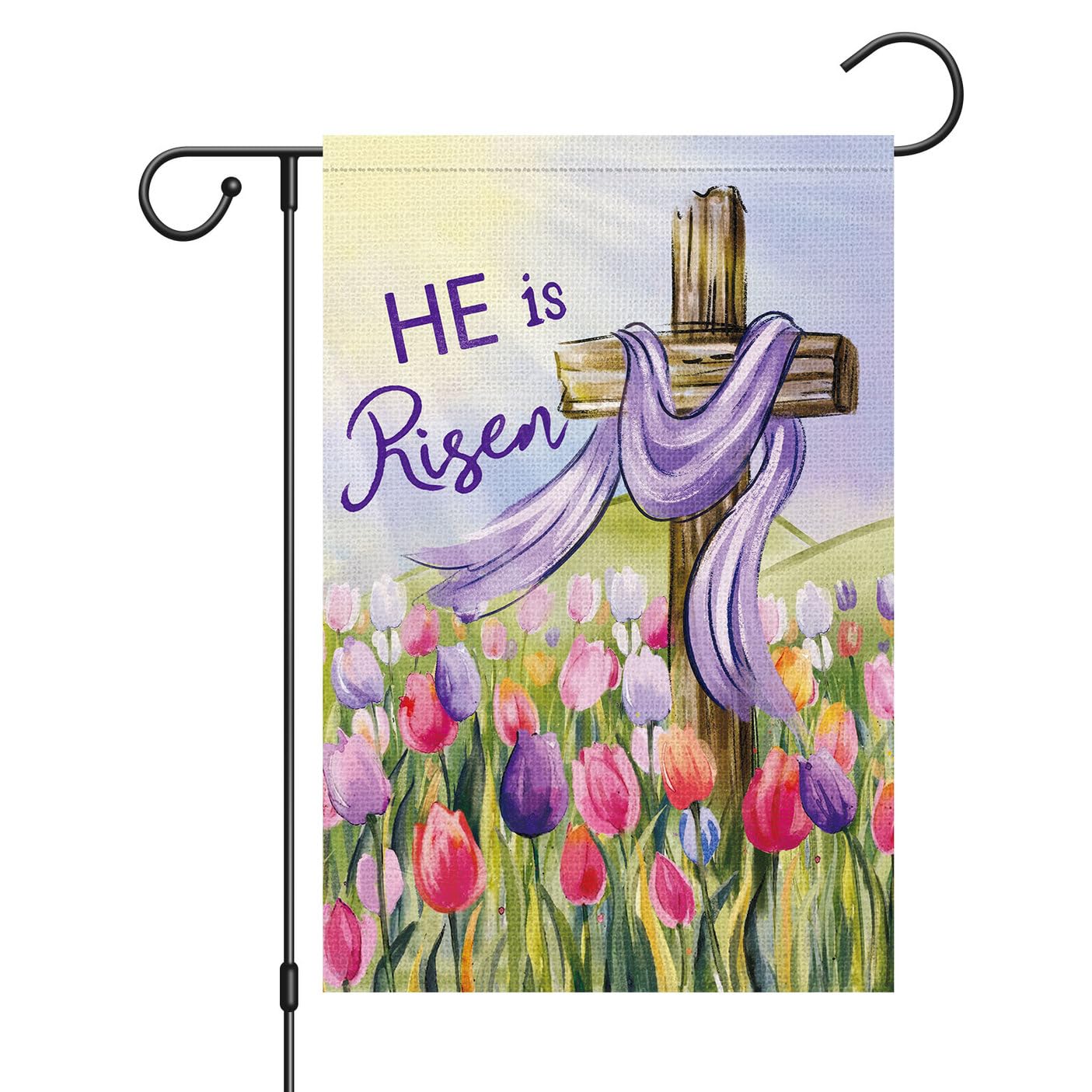 Louise Maelys Easter Garden Flag 12x18 Double Sided Burlap, Small Vertical Easter Sun Cross Tulip Garden Yard Flags He is Risen for Religion Easter Spring Outdoor Outside Decoration (ONLY FLAG)