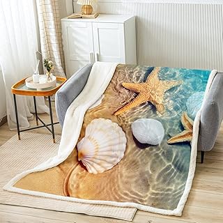 Starfish Shell Bed Blanket Kids Girls Summer Vacation Sherpa Blanket Soft Cozy Lightweight Ocean Beach Theme Plush Fleece Ocean Waves Blanket Gifts for Couch Bed Chair Office Sofa(Throw 50
