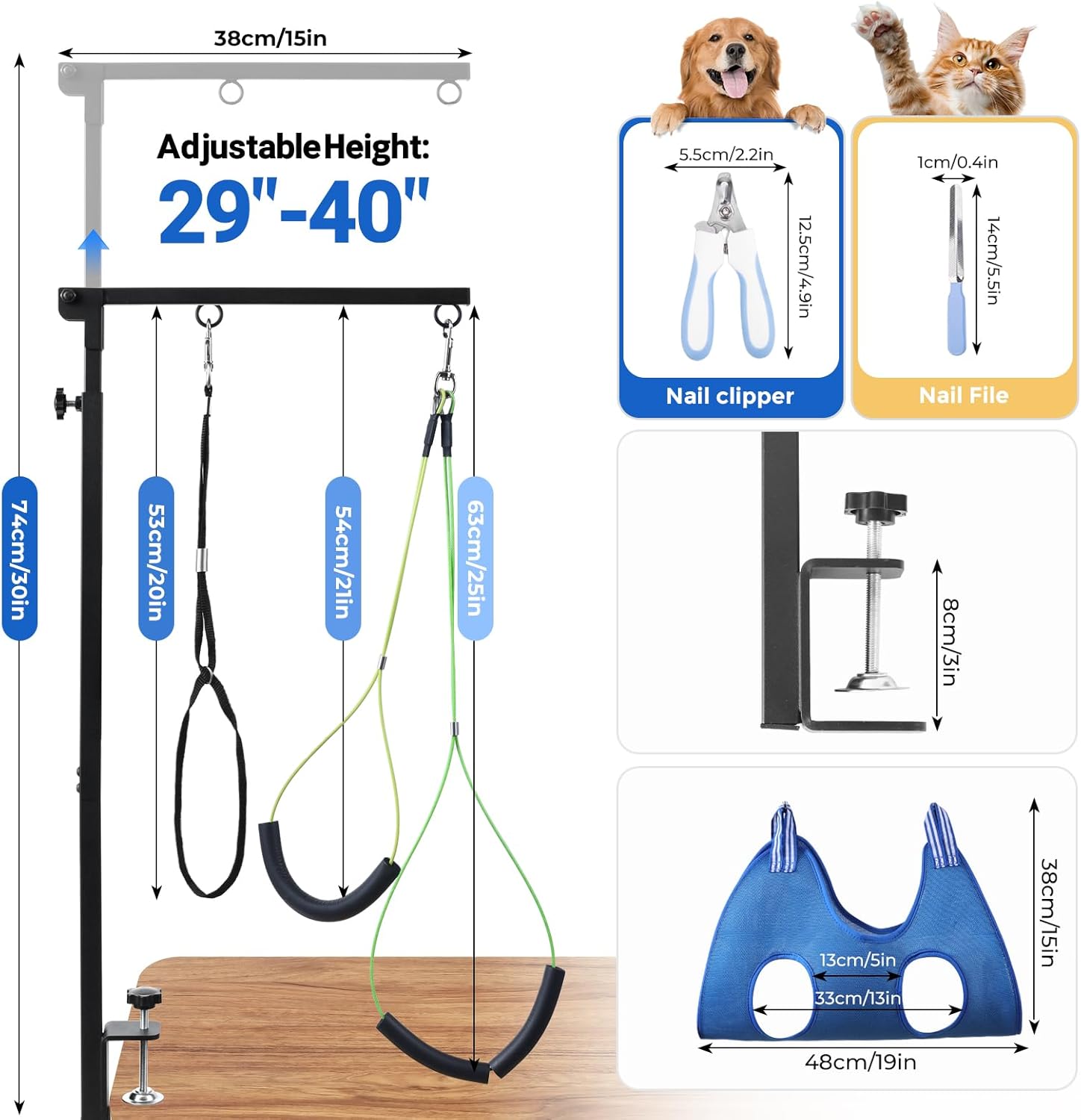 Adjustable Dog Grooming Arms, Foldable Dog Grooming Arm with Clamp Adjustable Height 29"-40" with Hammock Scissors File & No-Sit Haunch Holders for Small Medium Pets at Home or Salon
