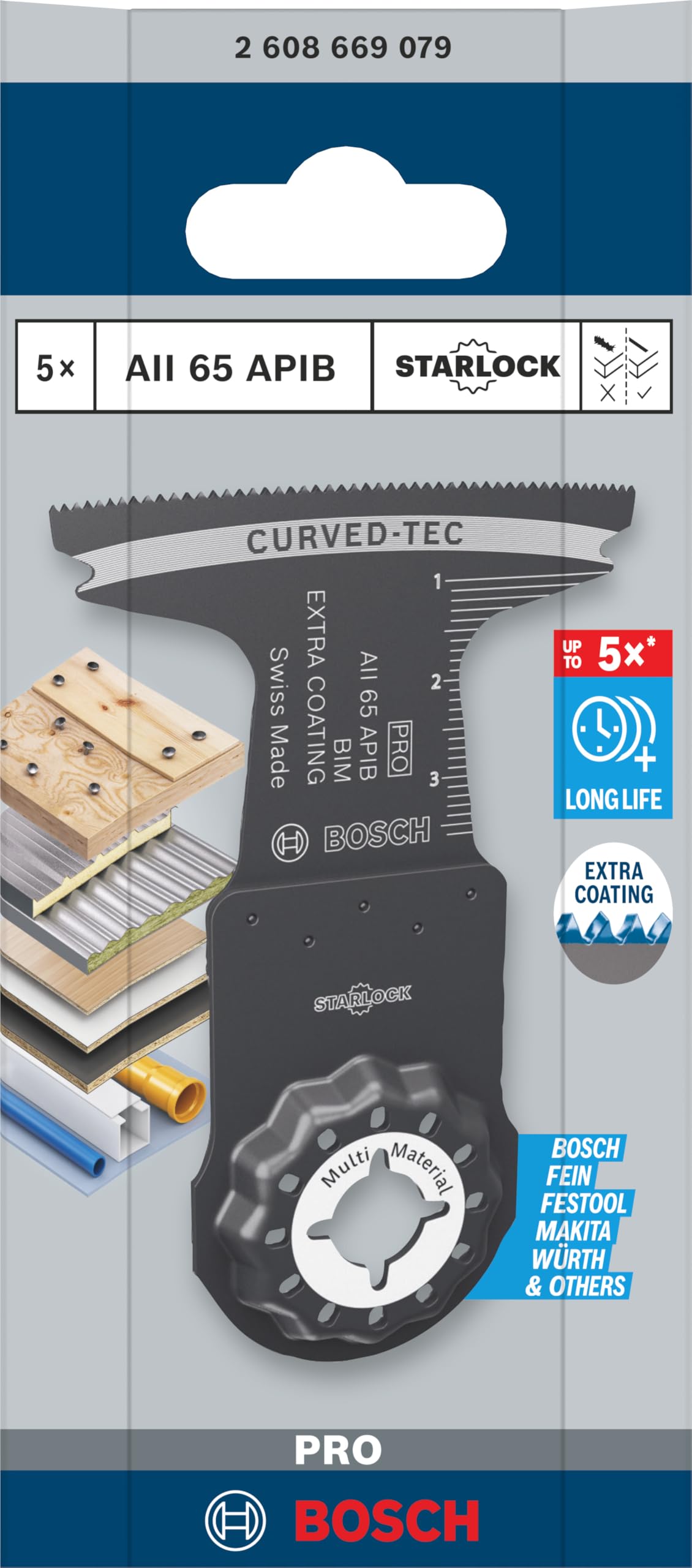 Bosch 5 x PRO Multi Material AII 65 APIB arkusz do narzędzi wielofunkcyjnych (do drewna z gwoździami, metal typu sandwich, szerokość 65 mm, profesjonalne akcesoria, narzędzie wielofunkcyjne)