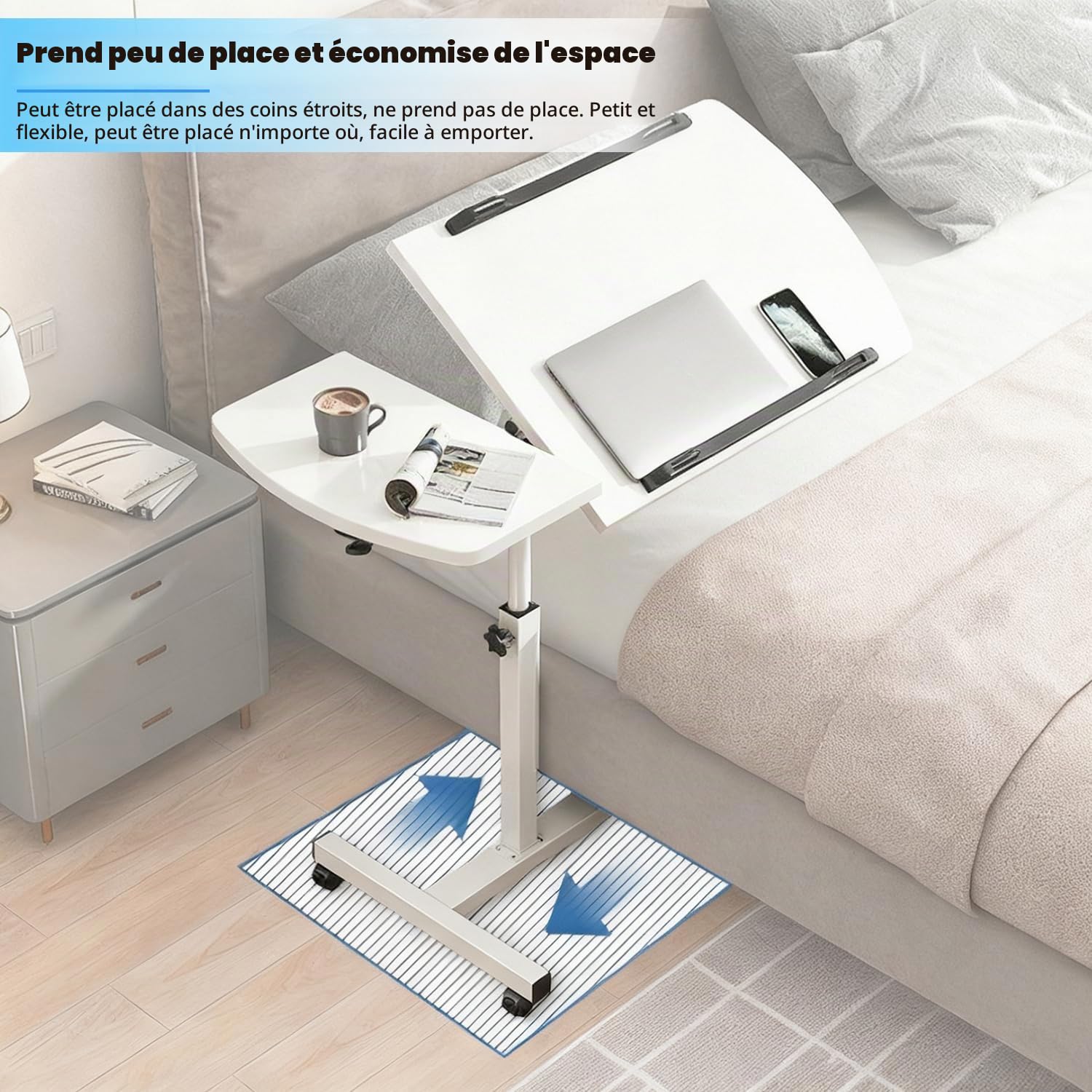 Table pour Ordinateur Portable,Table De Lit Medical，Bureau Roulant avec Plateau,Support d'Ordinateur Portable Réglable en Hauteur,Bureau Debout Mobile 60x40 CmInclinable (Blanc)