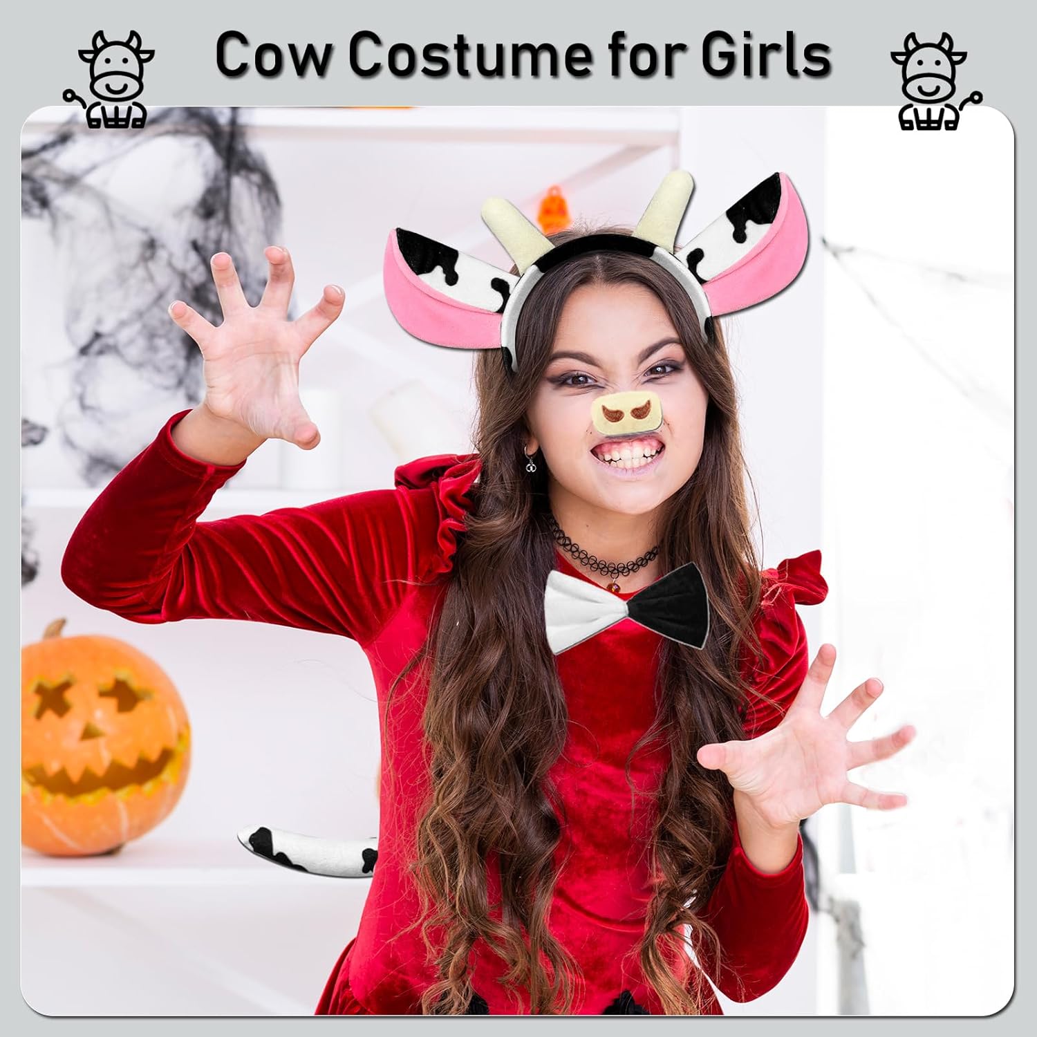 Cow Costume Adult Women - Cow Ears Headband Nose Tail Bow Tie for Adult Woman, Cute Spots Cow Costume Farm Animal Halloween Cosplay Accessories Set Pink - Image 3