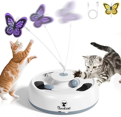 Pawaboo Juguete interactivo automático 3 en 1 para gatos, juguete electrónico de movimiento con avivadores de mariposa, bola de pista y ratón de