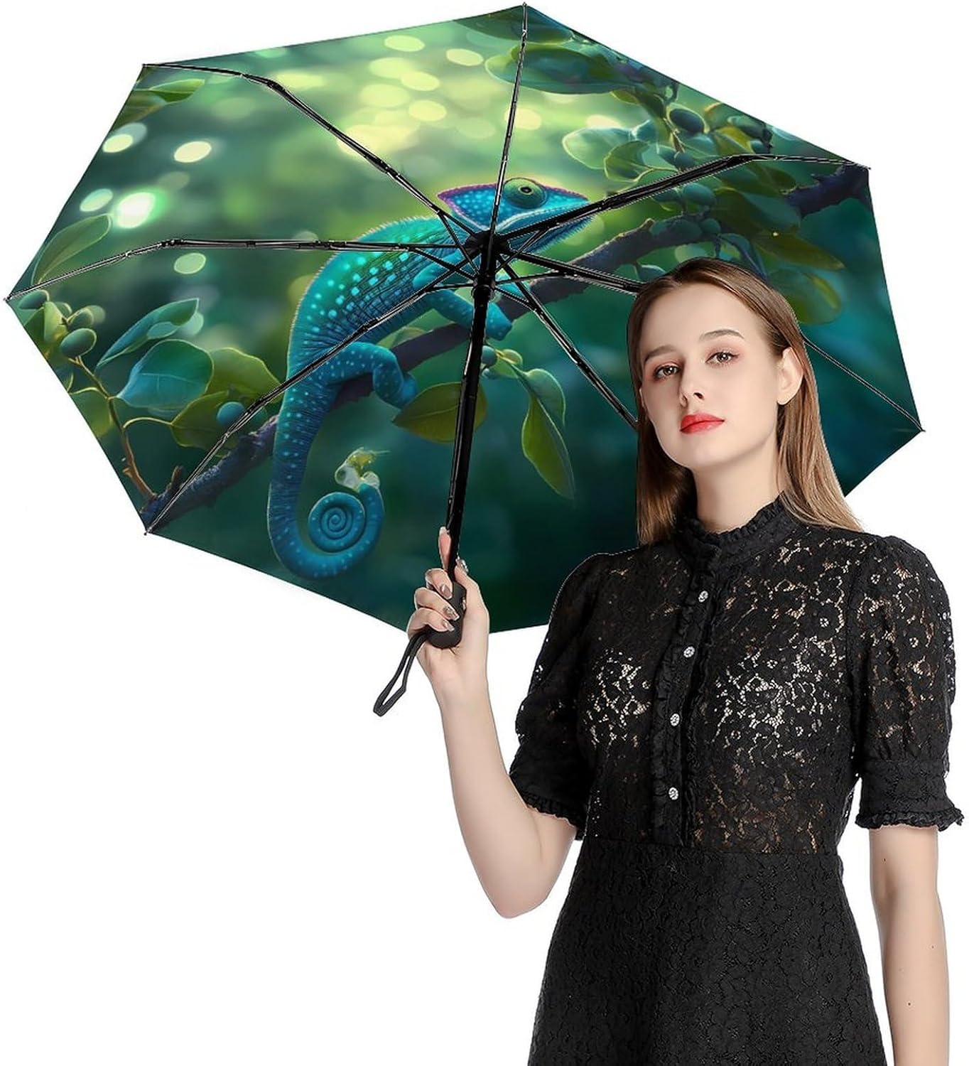 CHAMELEON LIZARD Windproof Travel Umbrella Compact Portable Automatic Umbrella for Sun Rain