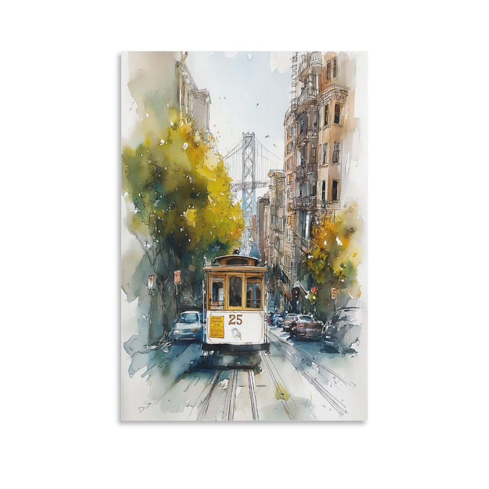 XWYMXZ Golden Gate Bridge Watercolor Painting San Francisco Poster 20x30inch(50x75cm) Vintage Watercolor Canvas Art