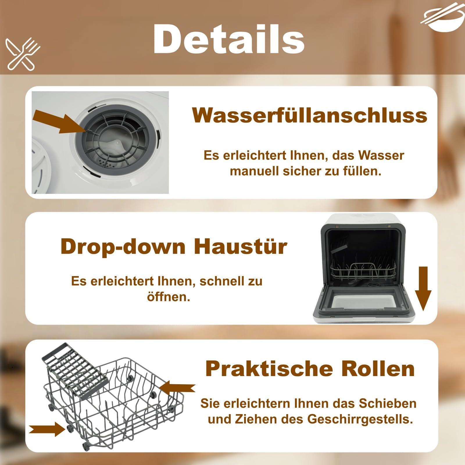 Spülmaschine, Mini Geschirrspüler Tischgeschirrspüler 72℃ mit 4 Waschmodi und 6L Wassertank, 25 mins (Schnell)/ 70 mins (Standard)/120 mins (Stark)/60 mins (Trocken), Dishwasher Touch Control