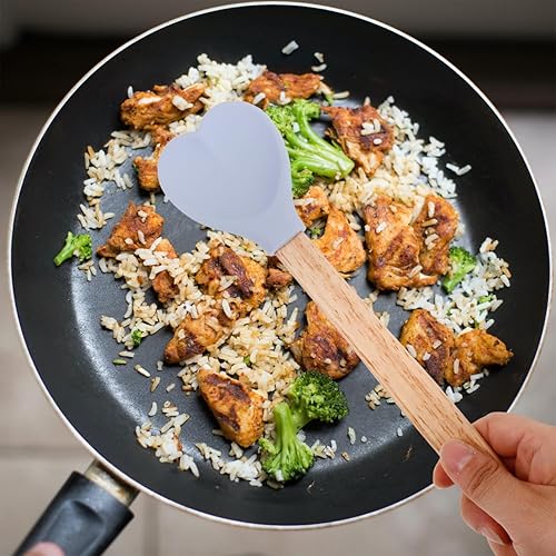 Miniatura 3 de Hemoton Juego de 12 espátulas de silicona en forma de corazón con asas de madera, utensilios antiadherentes para cocinar y hornear para mezclar,