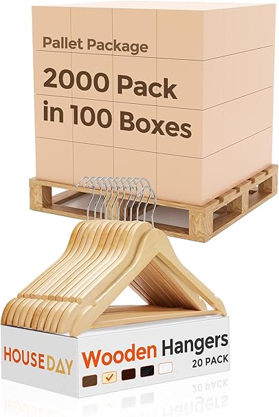 HOUSE DAY Bulk Wooden Hangers 2000 Pack(100 Cases, 20 Pack/Case), Solid Wood Hanger with Non Slip Pant Bar, Heavy Duty Wooden Coat Hanger for Closet, Smooth Wood Clothes Hangers for Shirts, Natural