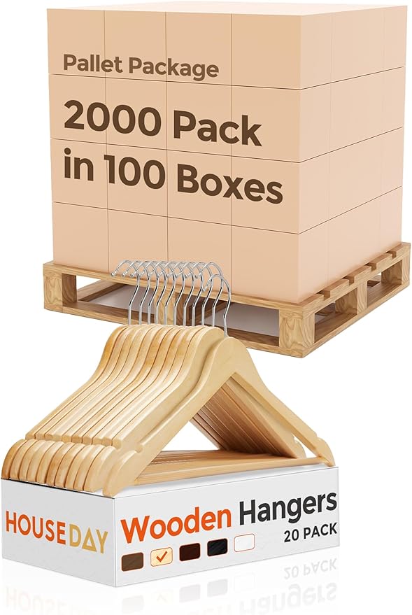 HOUSE DAY Bulk Wooden Hangers 2000 Pack(100 Cases, 20 Pack/Case), Solid Wood Hanger with Non Slip Pant Bar, Heavy Duty Wooden Coat Hanger for Closet, Smooth Wood Clothes Hangers for Shirts, Natural
