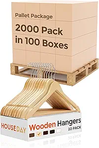 HOUSE DAY Bulk Wooden Hangers 2000 Pack(100 Cases, 20 Pack/Case), Solid Wood Hanger with Non Slip Pant Bar, Heavy Duty Wooden Coat Hanger for Closet, Smooth Wood Clothes Hangers for Shirts, Natural