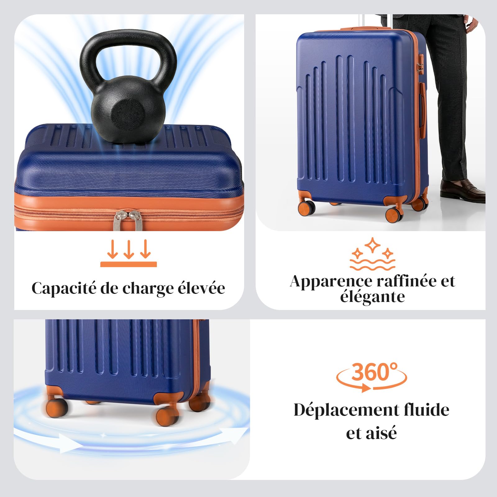 LEADZM Valise Cabine Rigide en ABS Léger, Bagage Cabine 55x35x25, Valise Soute Suitcase de Voyage avec 4 roulettes Spinner (Marine-Brun, M/55cm)