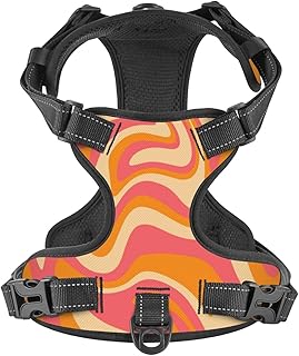 No Pull Dog Harness for Small Dogs Easy Walk Dog Vest Adjustable Collars Harnesses & Leashes Set Breathable Oxford Outdoor Walking Safety Reflective Strip Wavy Orange Pink Colors Prints