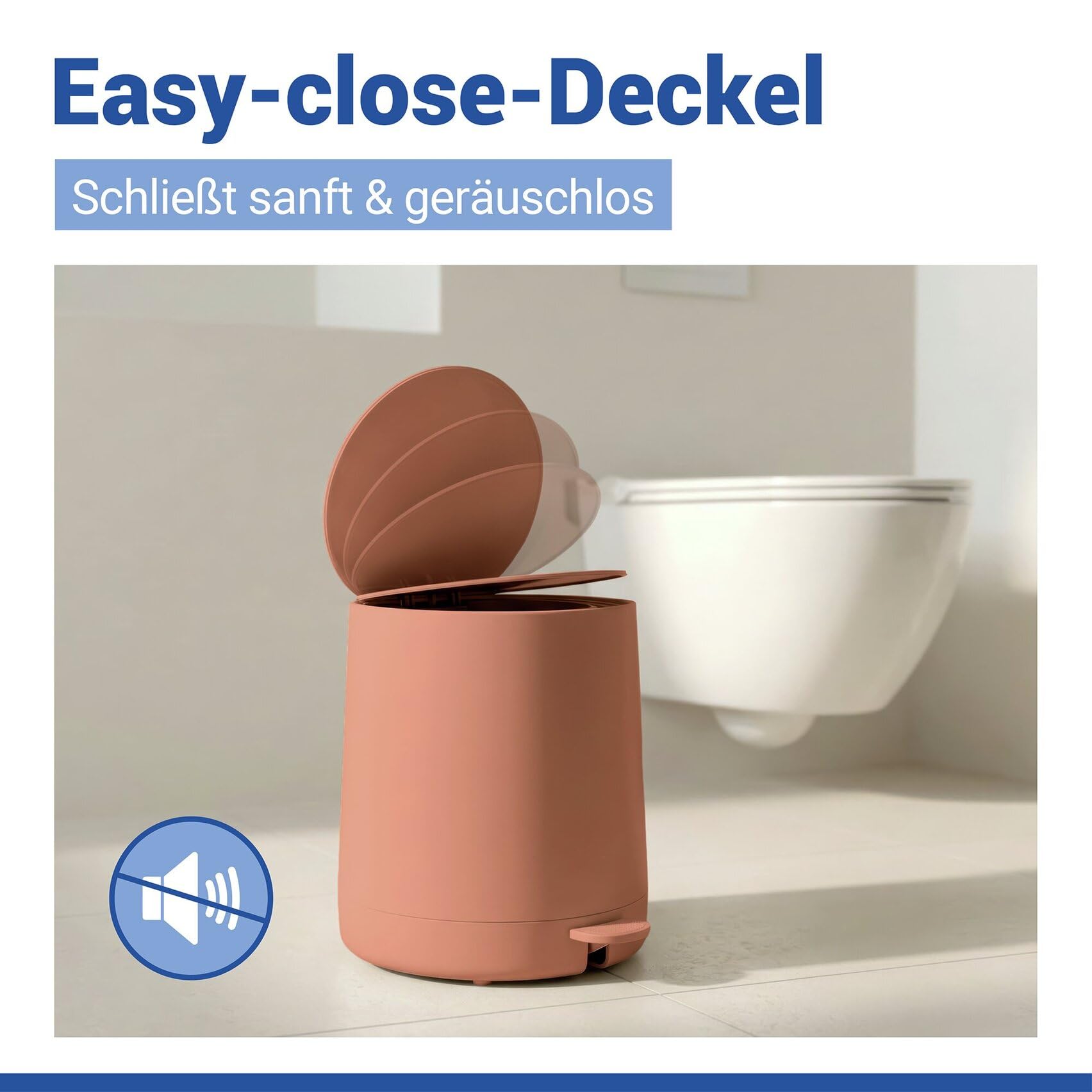 WENKO Kosmetik Treteimer Mod. Fablo aus Kunststoff, Soft-Touch-Beschichtung, Bad-Mülleimer 5 L, Abfalleimer mit Easy-Close Absenkautomatik und Einsatzbehälter, für Bad, Küche oder Büro, braun matt