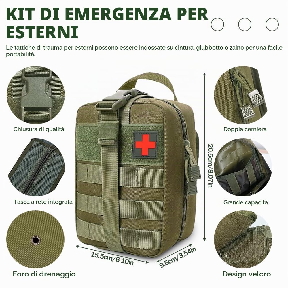 Kit Pronto Soccorso Militare Completo, 19 Varietà, 61 Pezzi First Aid Kit per Esterni, Trauma First Aid Kit per Auto, Casa, Viaggi, Campeggio All'Aperto, Escursionismo