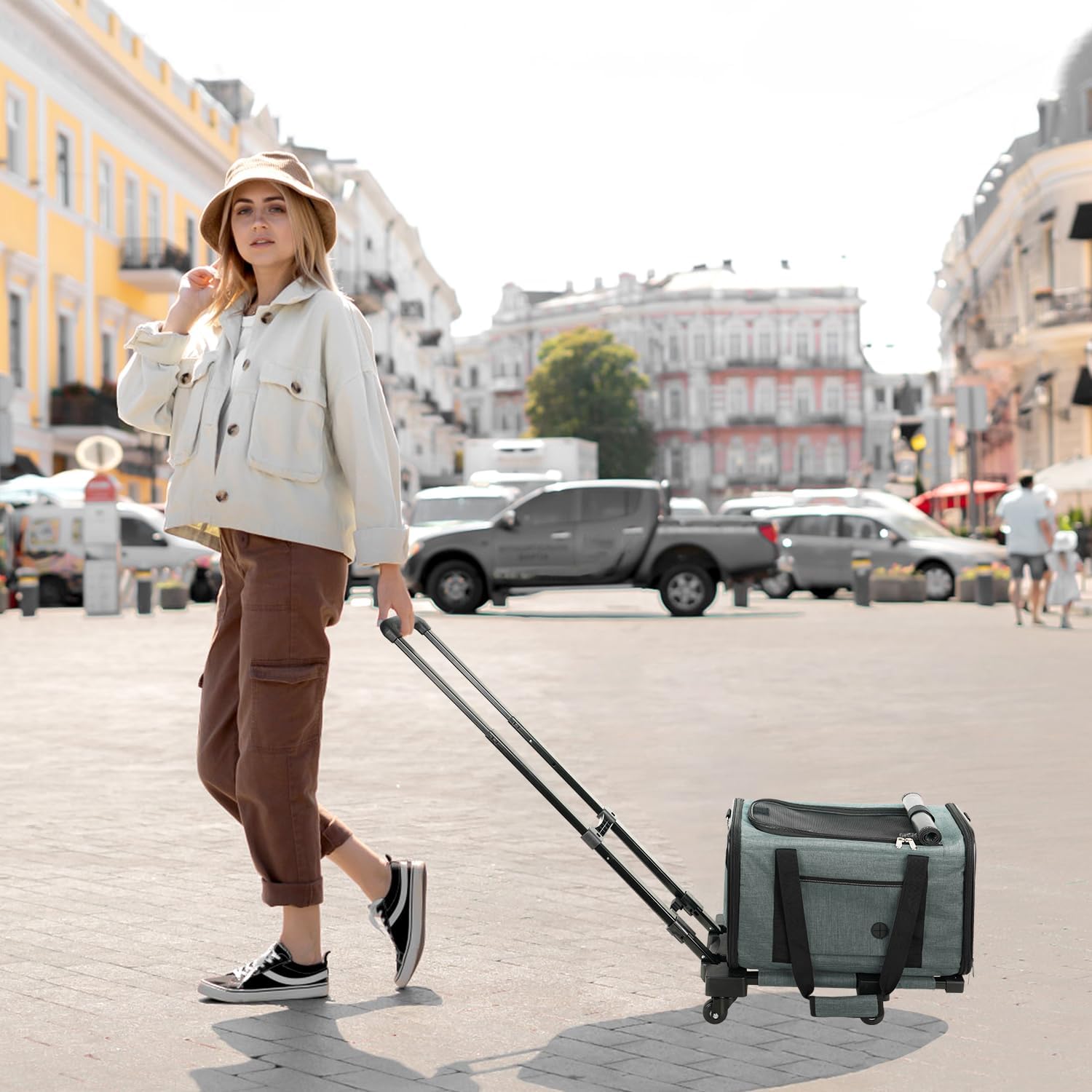 YUDODO 25lbs Large Cat Carrier with Wheels Lightproof Airline Approved Dog Carrier for Small Dog Detachable Rolling Pet Carrier for Traveling Groomers Vet Visits(Gray-Green)