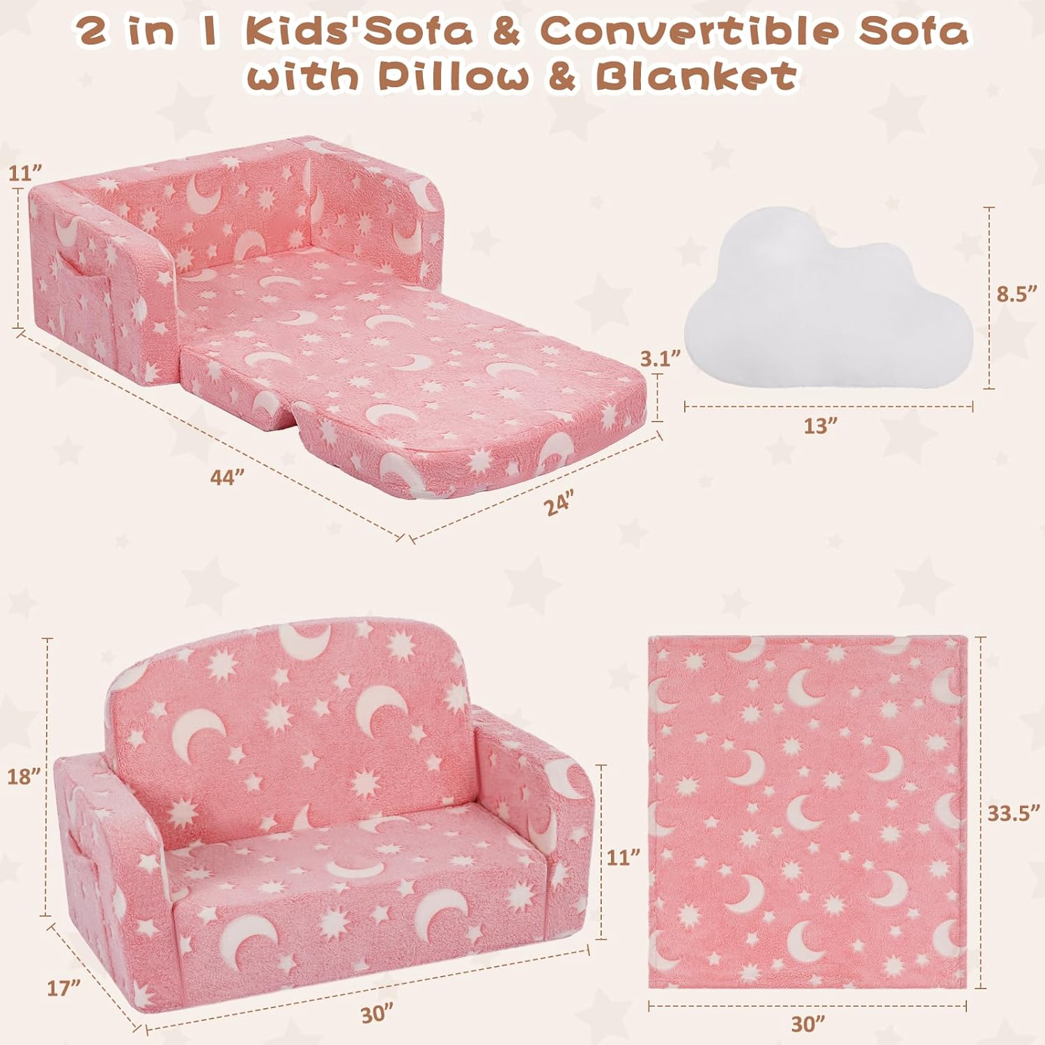 Extra Wide Kids Couch, Kids Sofa, Toddler Sofa, Glow in The Dark, 2-in-1 Soft Toddler Couch with Blanket and Pillow, Moon Style, Pink - Image 2