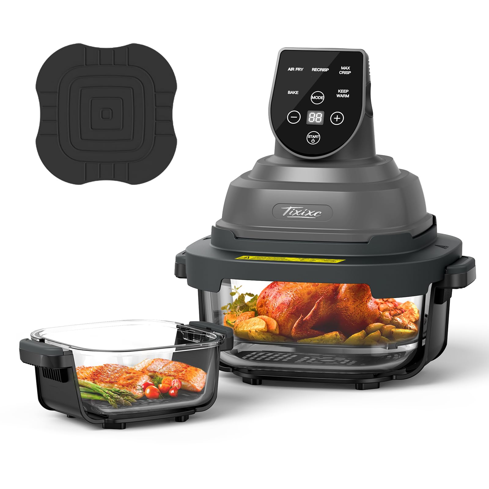 Glass Air Fryer, 5-in-1 1500W Portable Air Fryer with 4QT & 6-Cup Glass Containers with Lids, Silicone Mat, 90% Less Oil, Dishwasher & Freezer Safe for Single Servings & Family Meals.