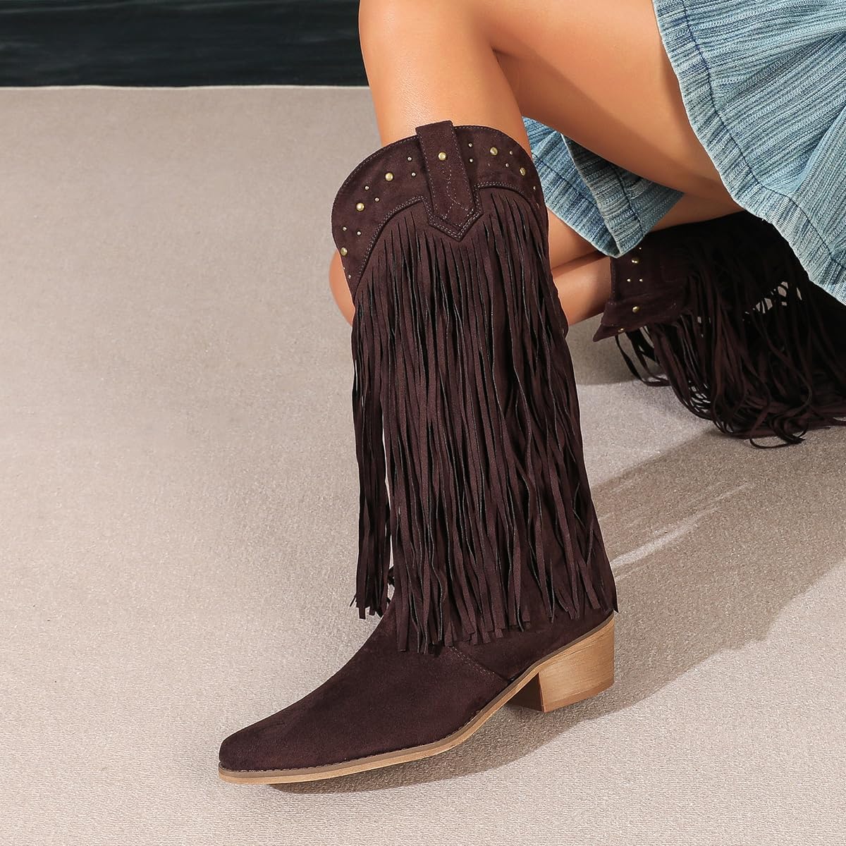 Amoji Women Western Cowboy Boots Pointed Toe Cowgirl Knee High Boots Pull On With Zipper 307 - Image 7