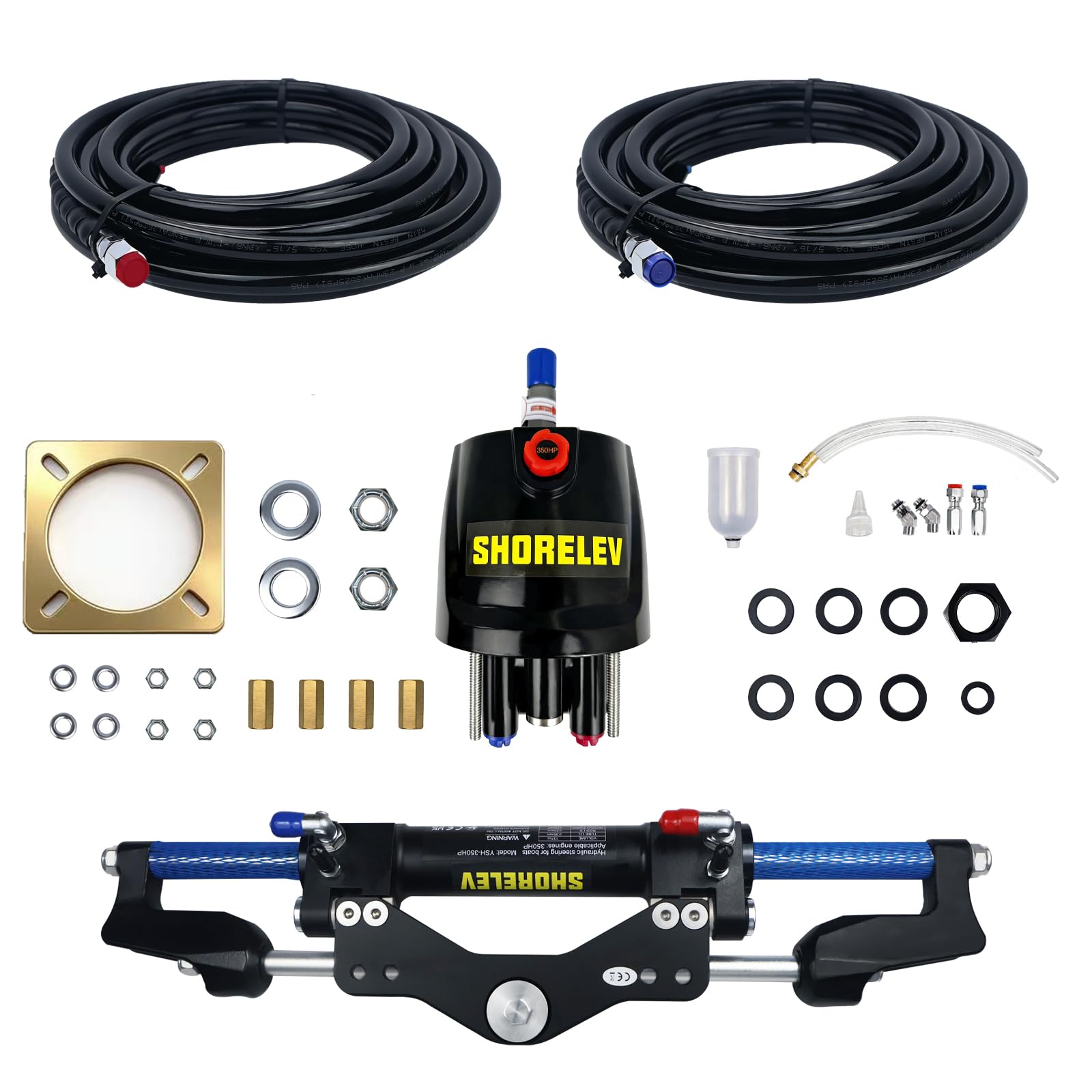 Hydraulic Steering Kit for Boats up to 350HP, 1000PSI Marine Hydraulic Steering System with Pump, Cylinder, 2×26ft Hoses &amp; Fittings for Outboard Motors