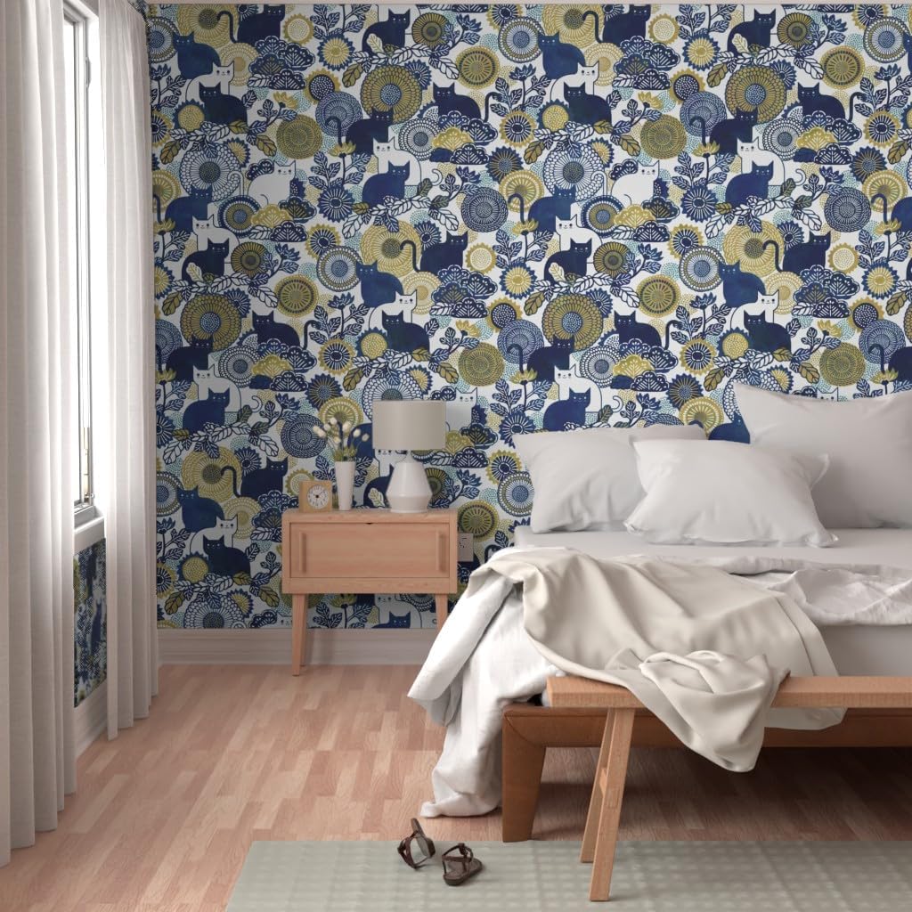 Peel & Stick Wallpaper 3ft x 2ft - Cat Vintage Floral Kawaii Whimsical Custom Removable Wallpaper by Spoonflower