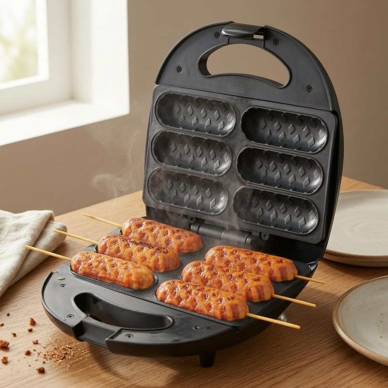 Two-sidedSided Heating Six-Slot Corn Dog Maker 850 W El | Two-sidedSided Heating Six-Slot Corn Dog Maker 850 W Electric Textured Surface Sausage Grill Hinged Us Plug 110V-image-45