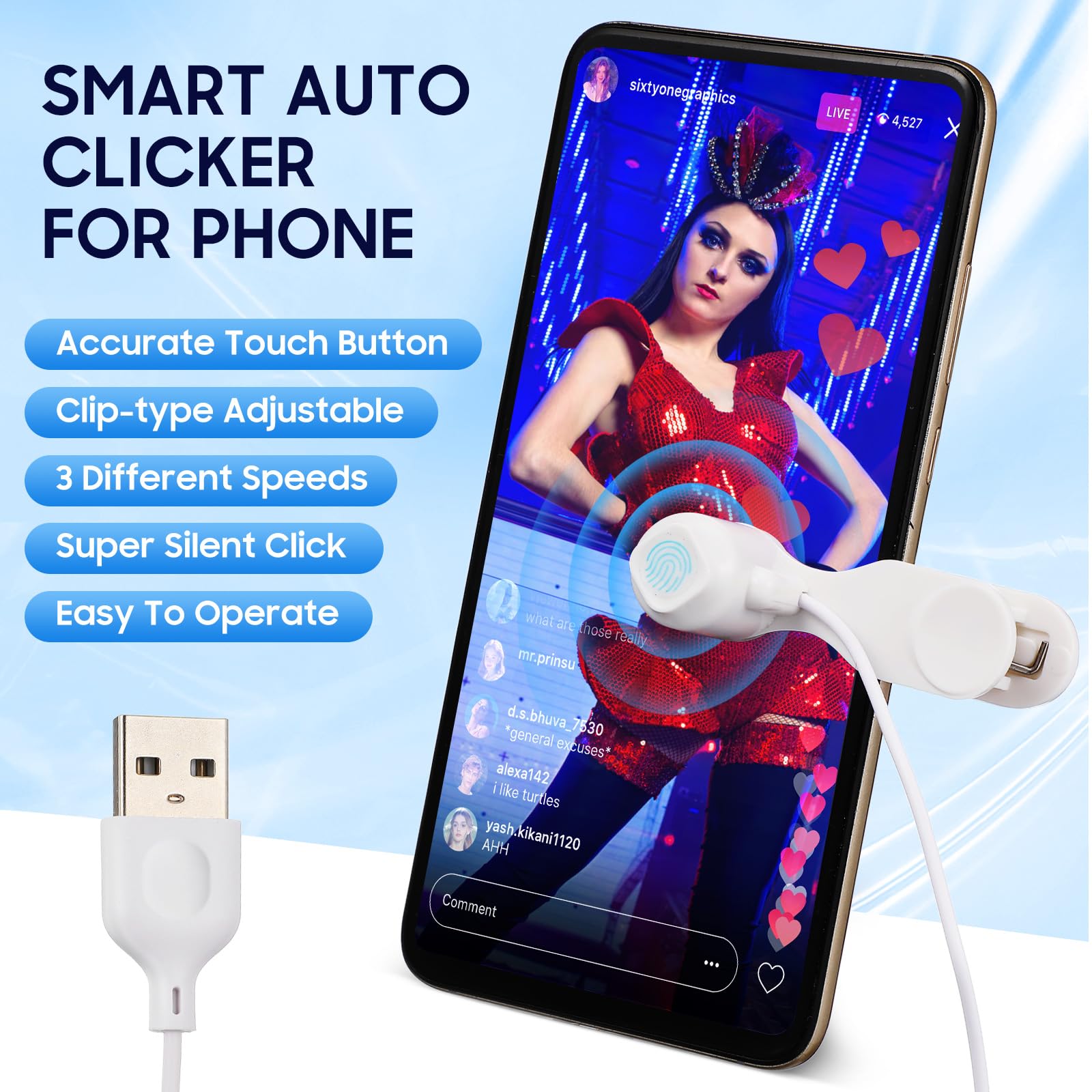 Gadpiparty 2 Stück Automatischer Bildschirm Klicker für Smartphone und Tablet, USB Screen Auto Klicker mit Einstellbarer Geschwindigkeit und Zufallsmodus für Live Streams und Shopping Apps, Weiß