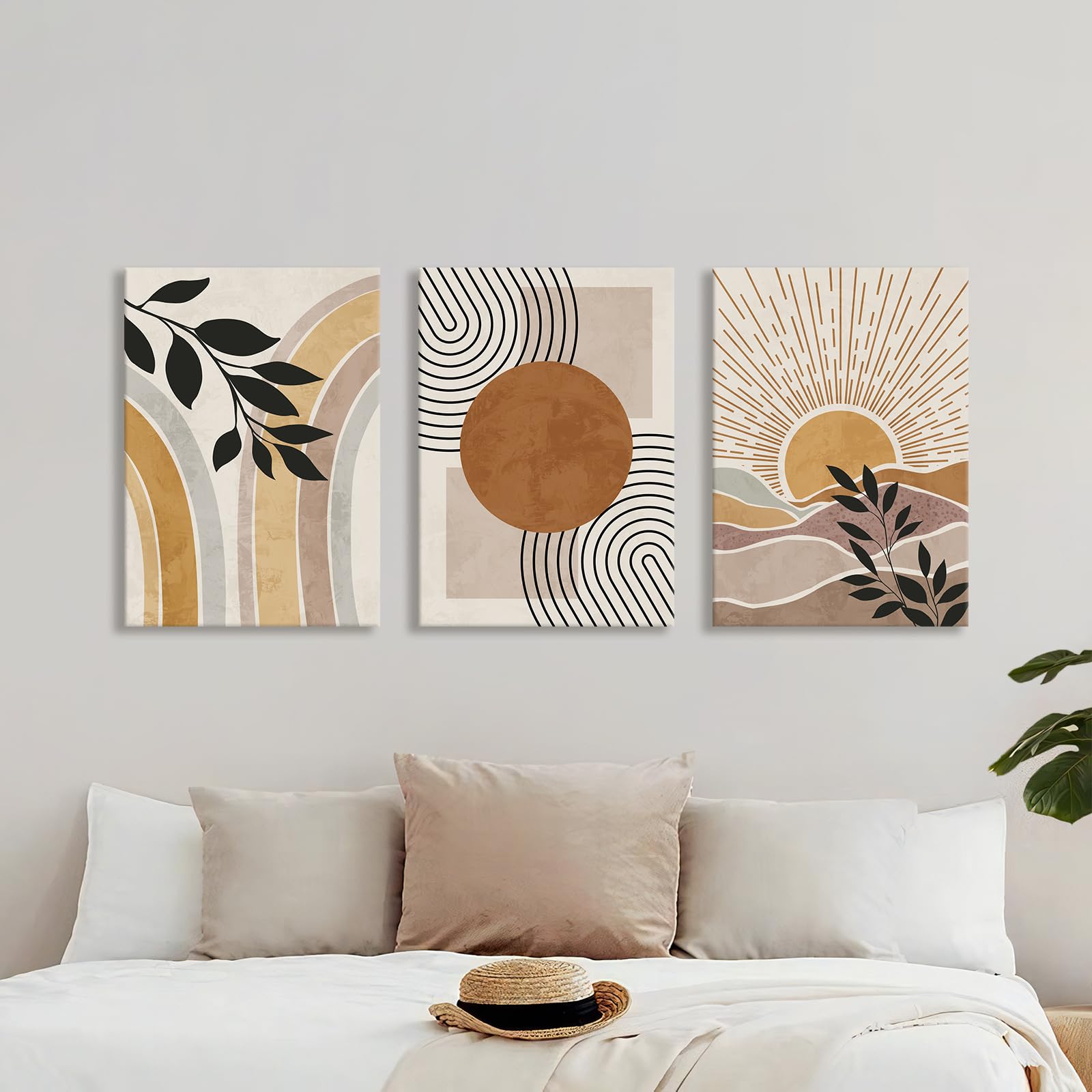 3 Pcs Wooden Framed Canvas Wall Art Canvas Prints Boho Mid Century Modern Painting Bohemian Nature Plants Desert Sun Pictures for Living Room Bedroom Bathroom Hallway Wall Decor 40x60 cm x3pcs - Image 3