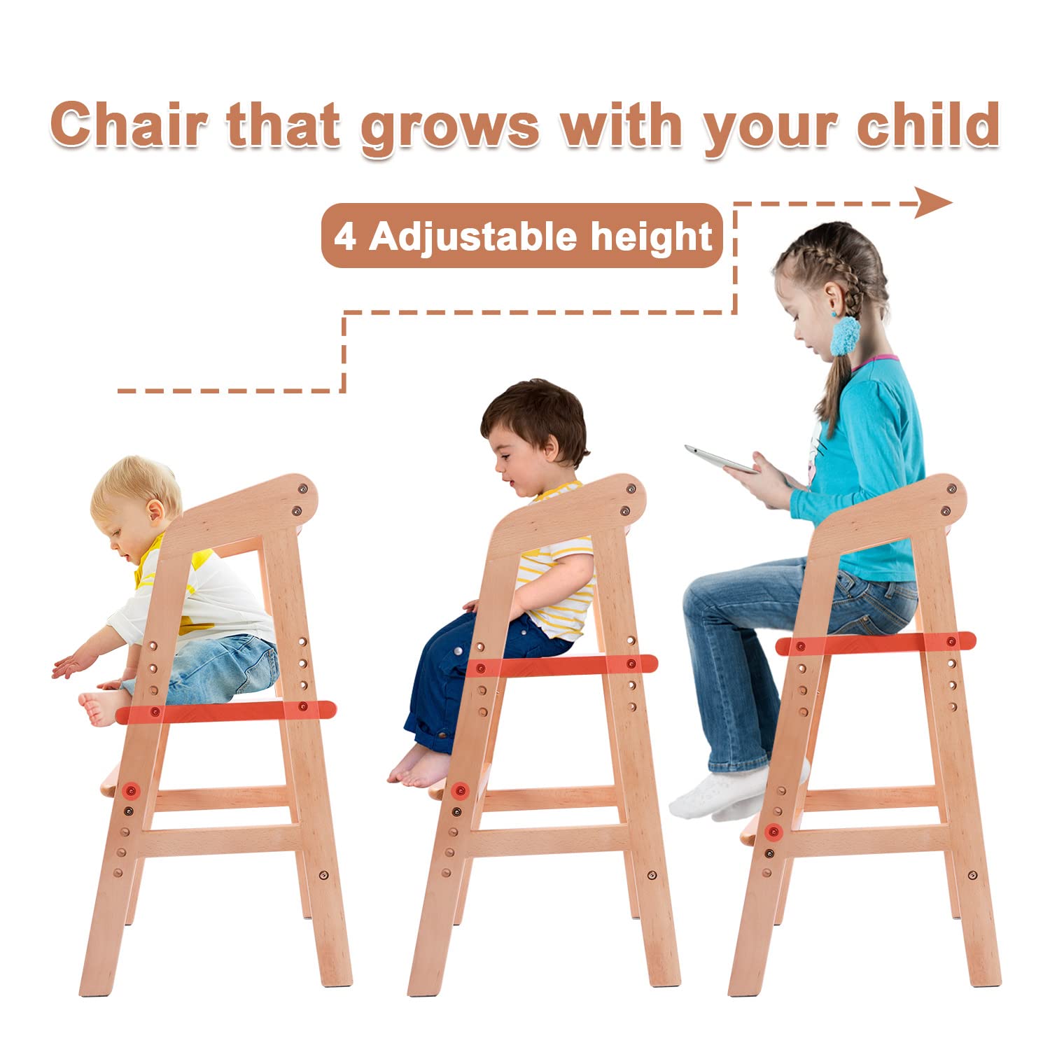 Series of images showing children of different ages (toddler to older child) comfortably seated in the YOLEO High Chair, illustrating its adjustable nature.