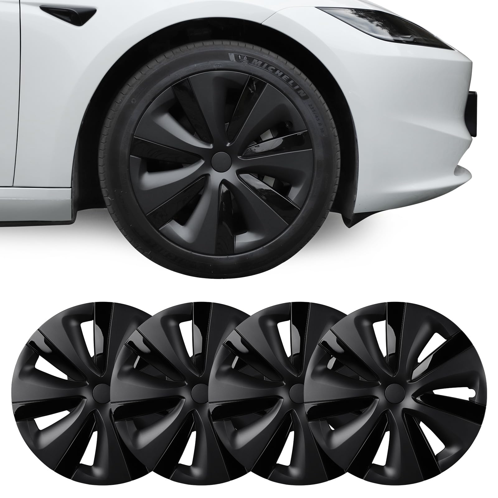 BASENOR 2024 Newest Wheel Cover 18 Inch for Tesla Model 3 Aero Wheel Cap kit Hub Caps OEM ABS Rim Protectors Cover Replacement Matte Black Model 3 Accessories Highland (Set of 4)