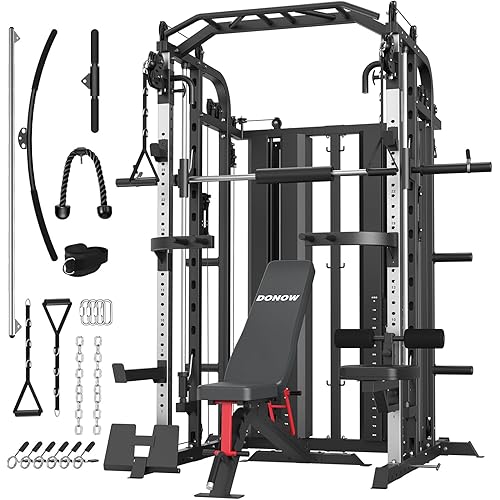 DONOW Smith Machine with Weight Stacks Power Cage Squat Rack Dual Cable Crossover Machine Home Gym Systems Station LAT Pull Down