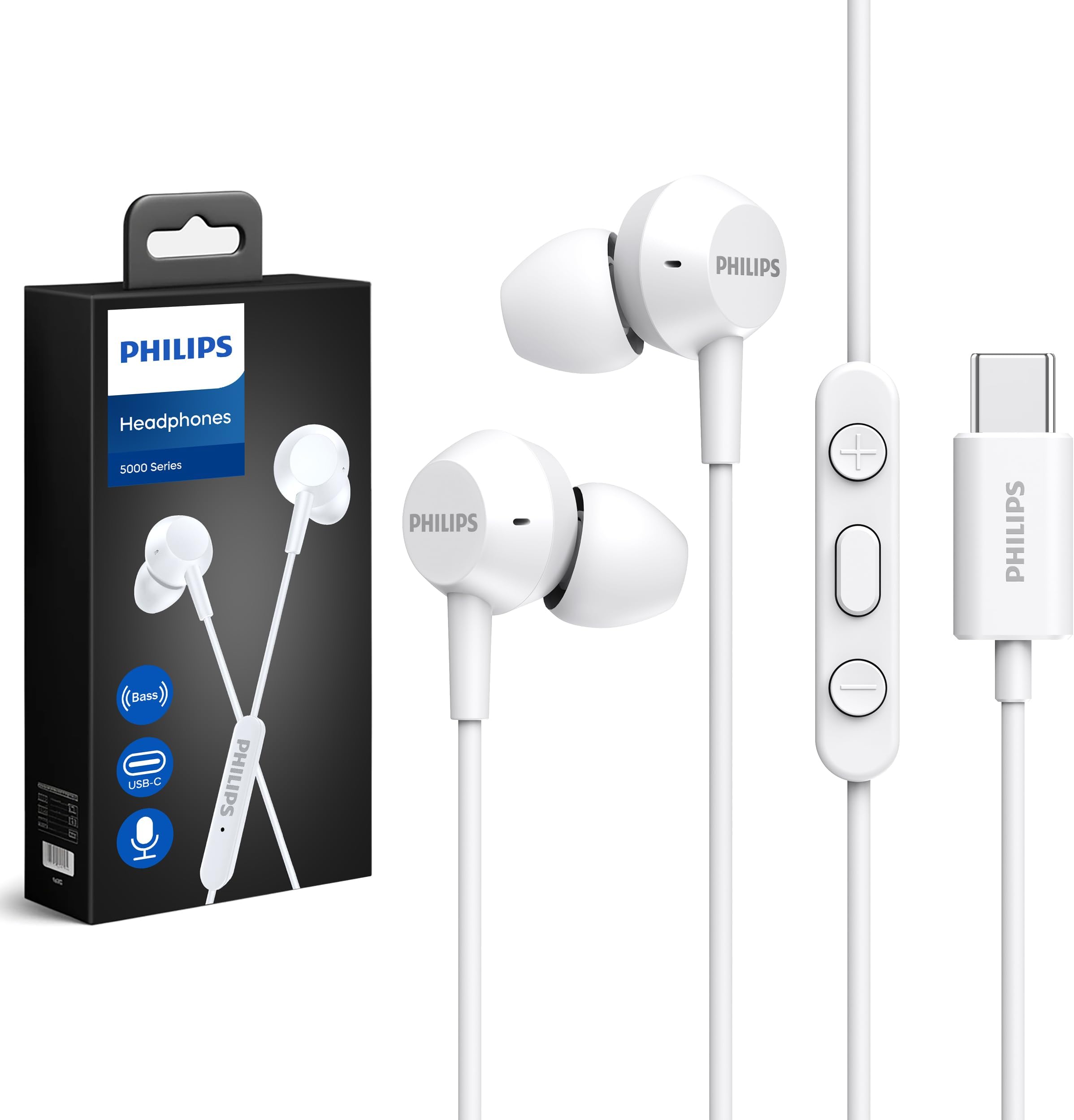 Wired Earbuds USB C with Microphone, in Ear Type C Headphones with mic, Powerful Bass, Lightweight, USB-C Wired Earphones, 3-Button in-line Remote Ear Buds (Black-Gray) (White)