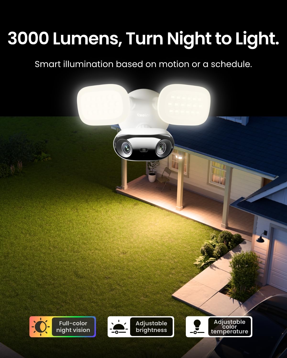 Kamera zewnętrzna Reolink 4K Wi-Fi 6 z reflektorem 3000 lumenów, przewodowa kamera Wi-Fi z widokiem 180°, ściemniane światło (3000K~6000K), inteligentne wykrywanie, Elite Floodlight WiFi