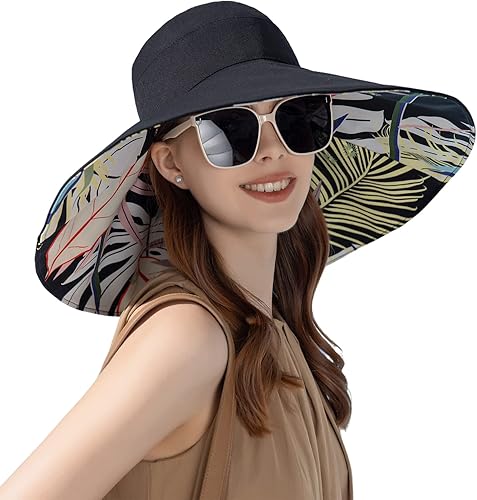 HUAMULAN Sombrero de sol de verano para mujer, ala ancha, borde con alambre, floral, playa, cubo, sombreros reversibles, plegables, protección UV,