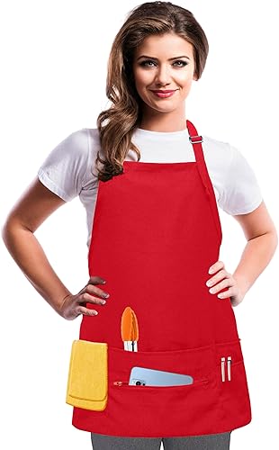 TEXVIDA Delantales para mujeres y hombres con 7 bolsillos, bolsillo con cremallera, cierre de hebilla, servidor, camarera, estilista, delantal corto