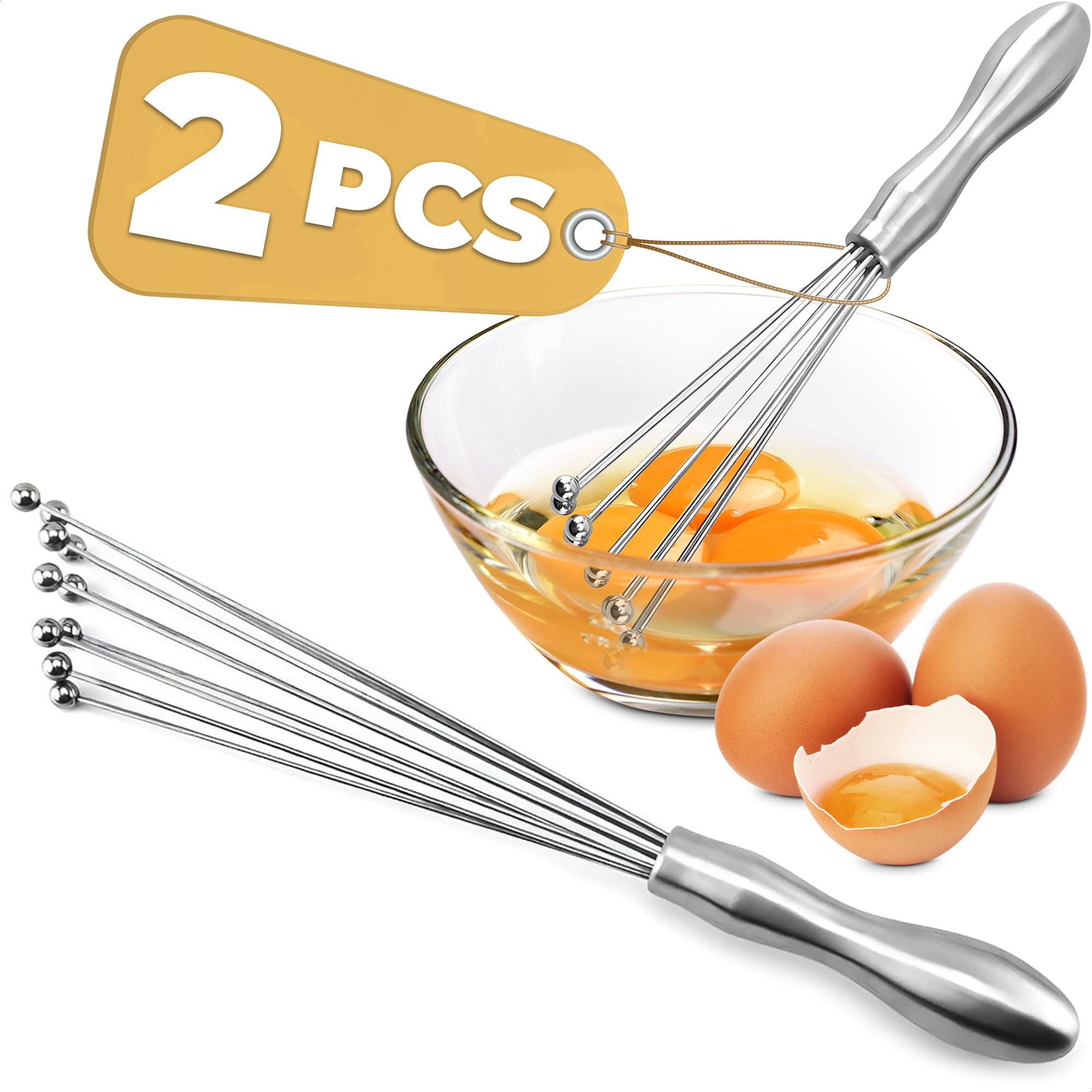 2 Pcs Ball Whisk Set -- Stainless Steel Whisk Set with Comfortable Ergonomic Handle | Excellent for Eggs, 10 Ball Head, Easy to Clean -- Compact 12" & 10" for Versatile Stirring