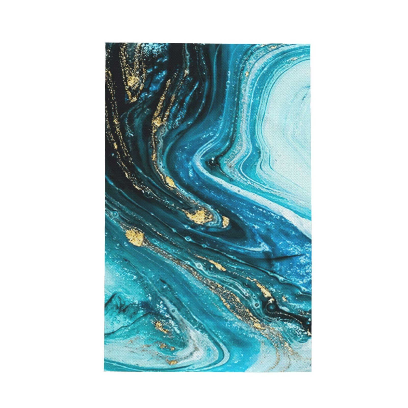 CKGODGF Turquoise Blue Gold Marble Print Absorbent Waffle Dishcloths,Kitchen Towels With Hanging Loops,Tea Towels.