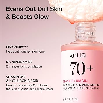 Anua Peach 70 Niacinamid Serum Tägliches Glow Gesichtsserum Pflege für Hautton & fahle Haut mit Vitamin B12 Leicht & feuchtigkeitsspendend für Glass Skin Effekt Korean Skincare 30 ml