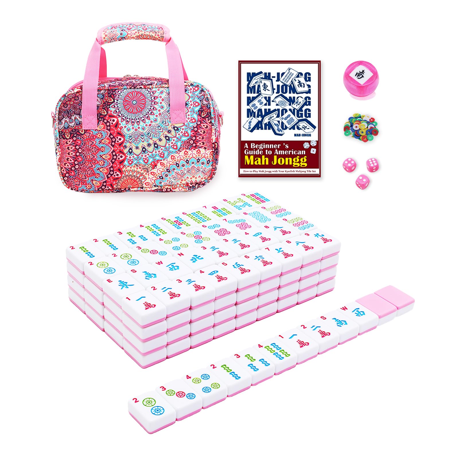 Kyerlish American Mahjong Tile Set with Printed Handbag, 166 Premium Pink Tile and Accessories, Portable and Stylish Mahjong Set, Mahjong Game Set for Travel, Gifts（Pink）