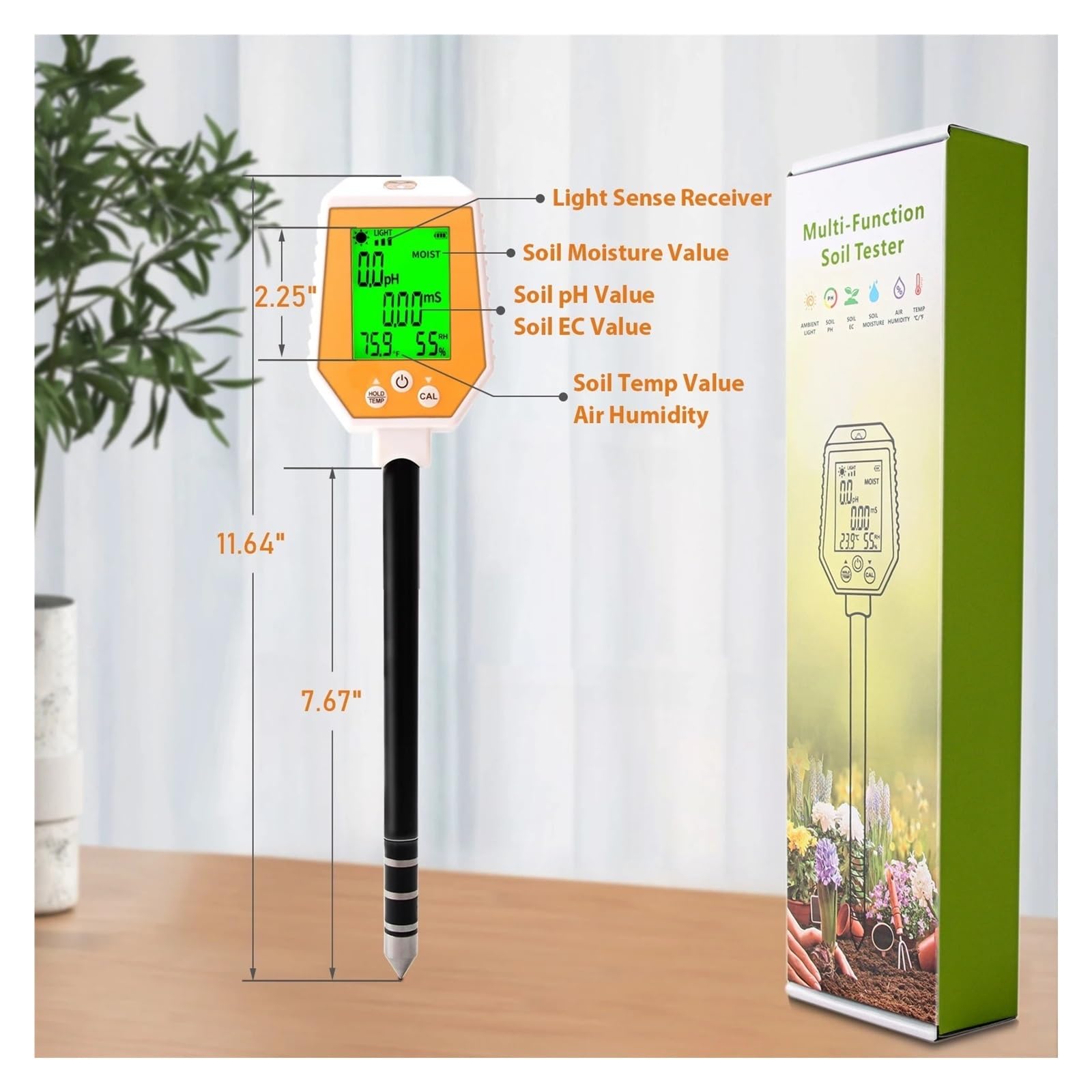 Medidor de humedad del suelo, Medidor de pH del suelo 6 en 1, comprobador de humedad del suelo, detector de CE del suelo, intensidad de la luz solar, prueba de humedad del aire del suelo Para jardiner